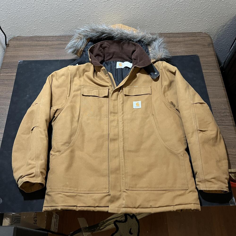 Carhartt Jacket Parka 80s USA Brown Hooded Quilted Lined Faux Fur Trim Work Coat